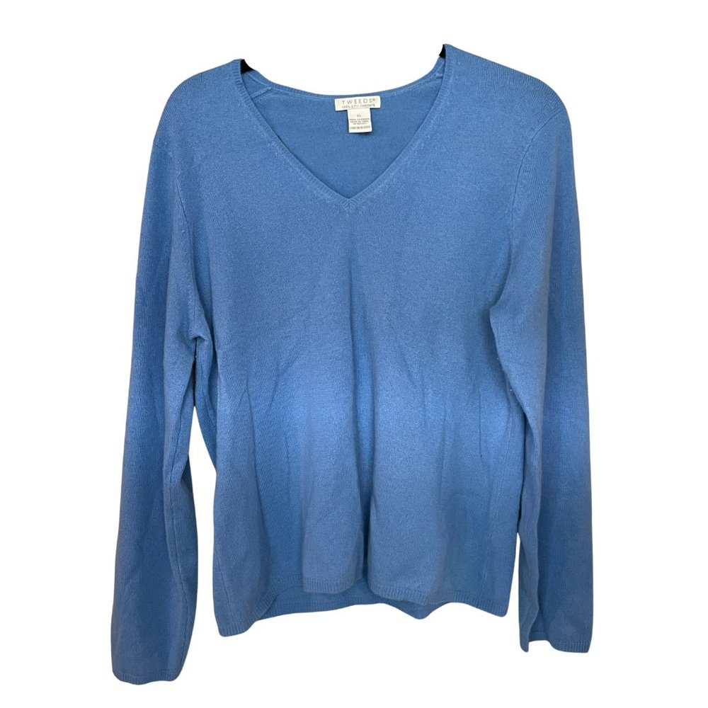 Tweeds 100% Cashmere Sweater - Blue, V-neck, Lightweight Sweater, XL